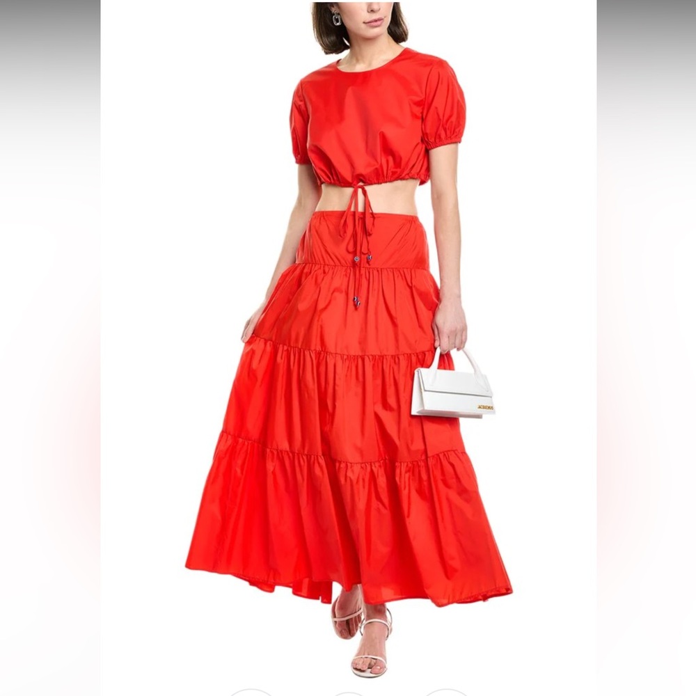 STAUD Bright Red Tiered Midi Skirt